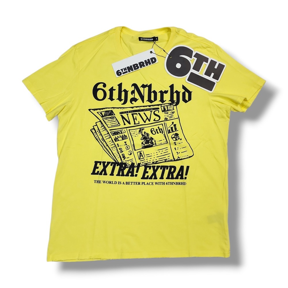6th NBRHD‎ "Times" Crew Neck Highlighter Yellow T-Shirt Men's L NWT